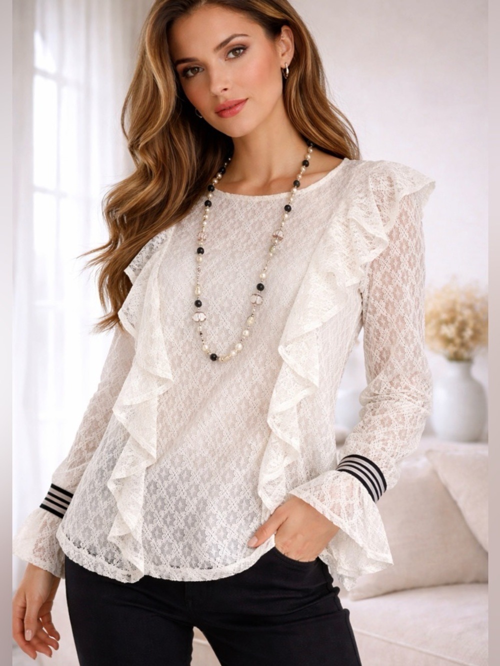 Kensie White Lace Ruffle Blouse Women’s Medium Long Sleeve Lined Stretch Top